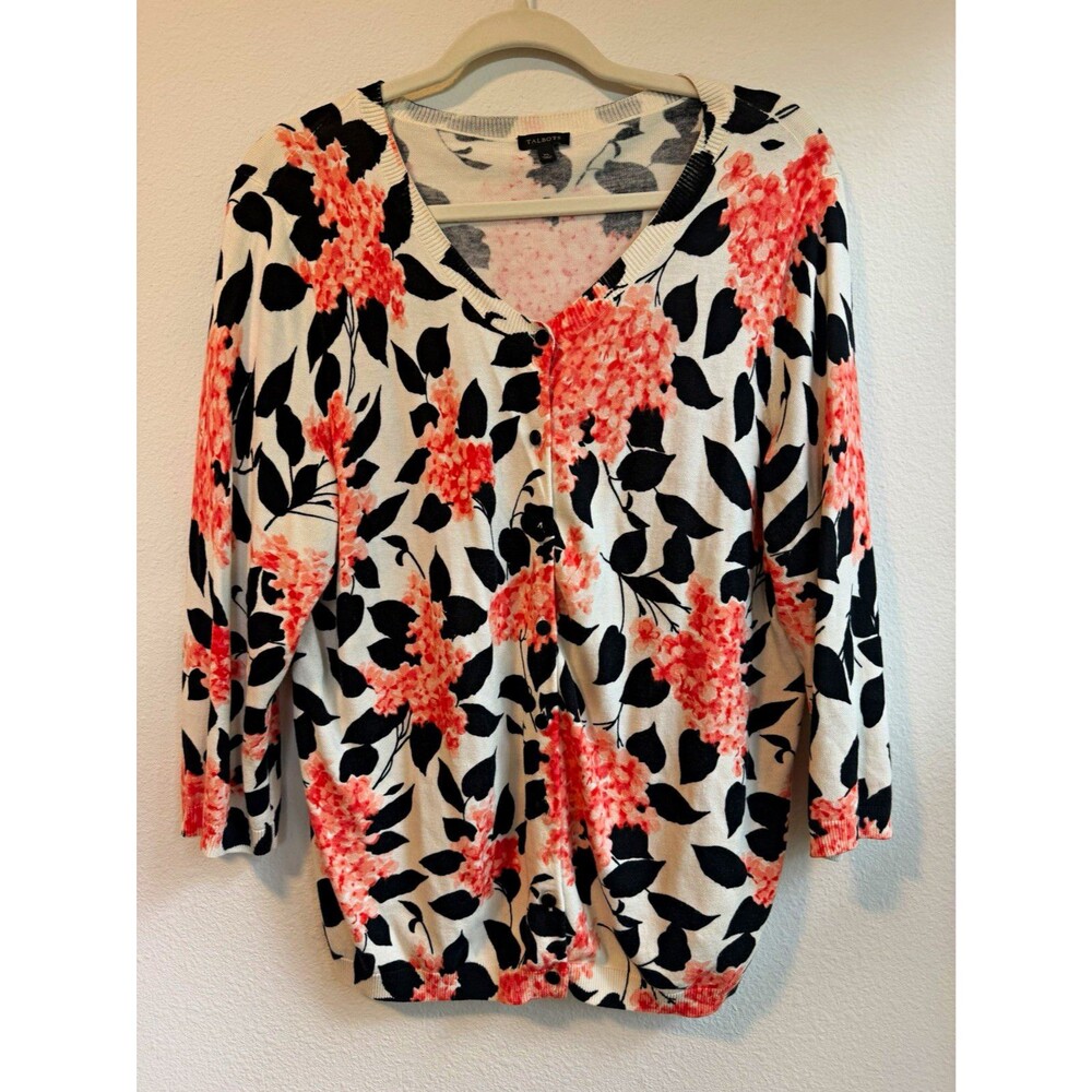Talbots Women's XL Floral Knit V-Neck Long Sleeve Button Cardigan Sweater